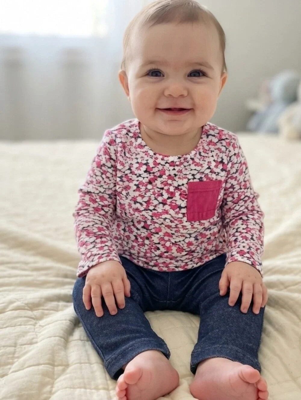 9M Pink Floral Baby Outfit with Pants